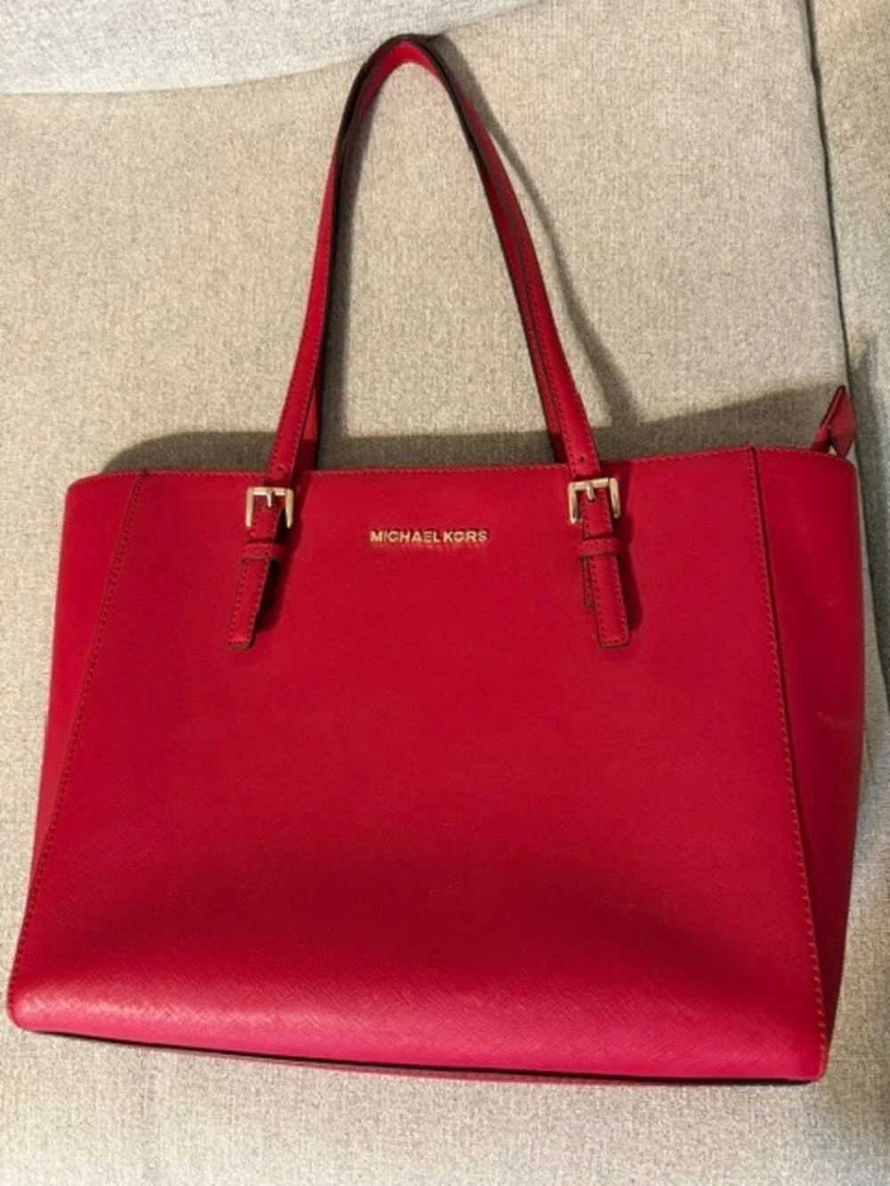 Michael Kors Red Leather Tote Handbag Double Strap Shoulder Bag